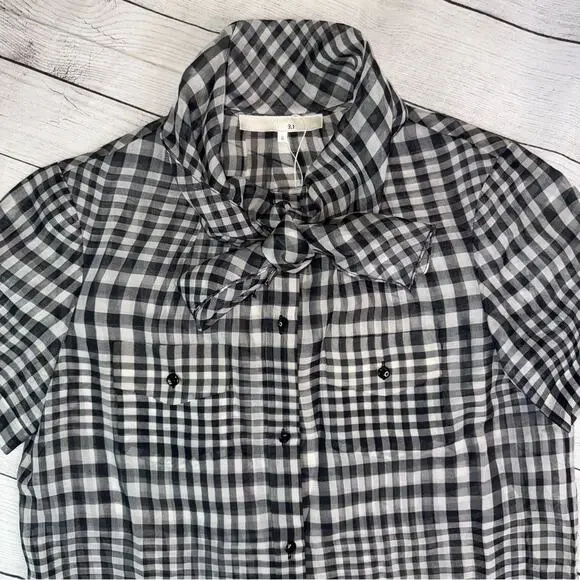 3.1 Phillip Lim Women's 100% Silk Gingham Check Short Sleeve Blouse Bow Size 6 - Picture 3 of 7